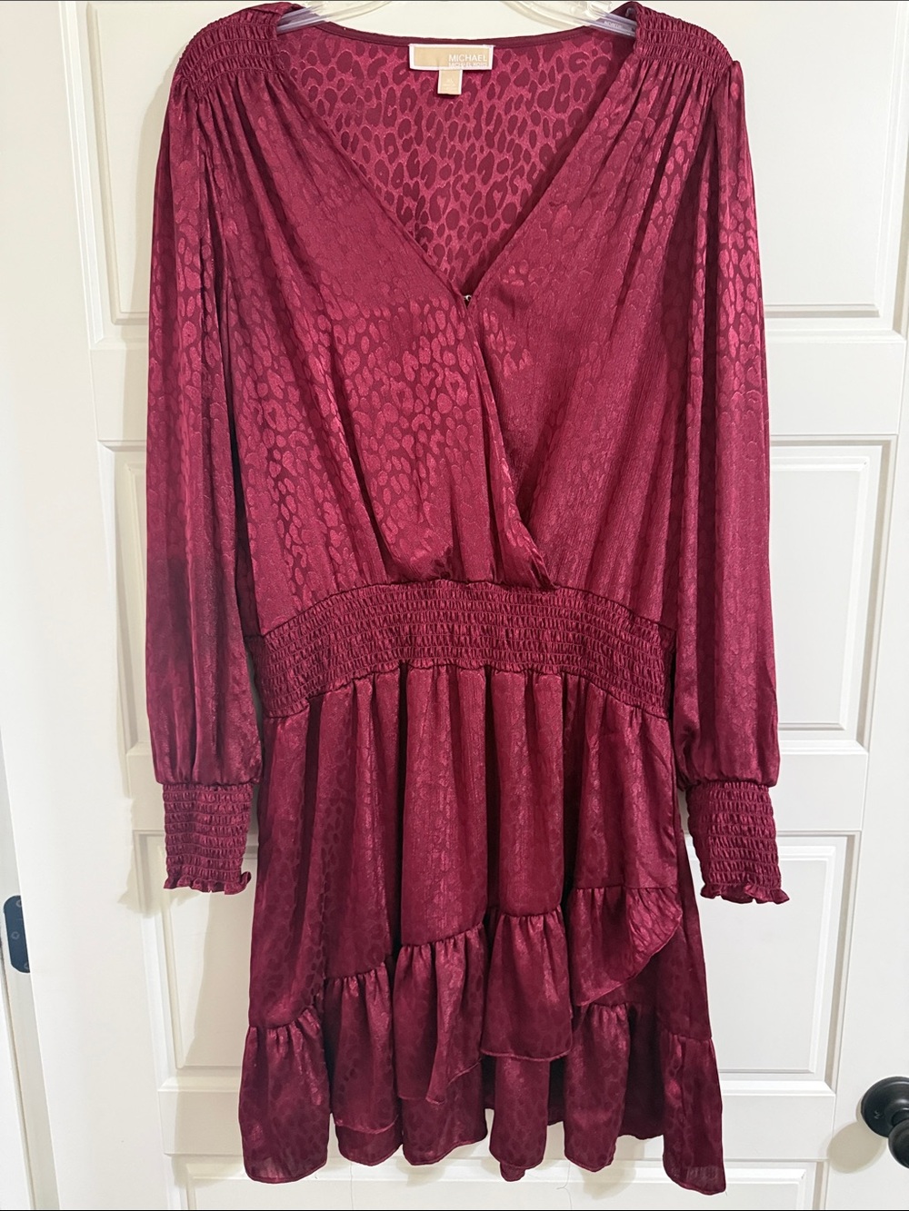 MICHAEL Michael Kors Burgundy Leopard-Print Wrap Tiered Dress Long Sleeve